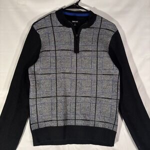 DKNY Women's Black Quarter-Zip Wool Embossed Knit Sweater Size M Tartan Preppy